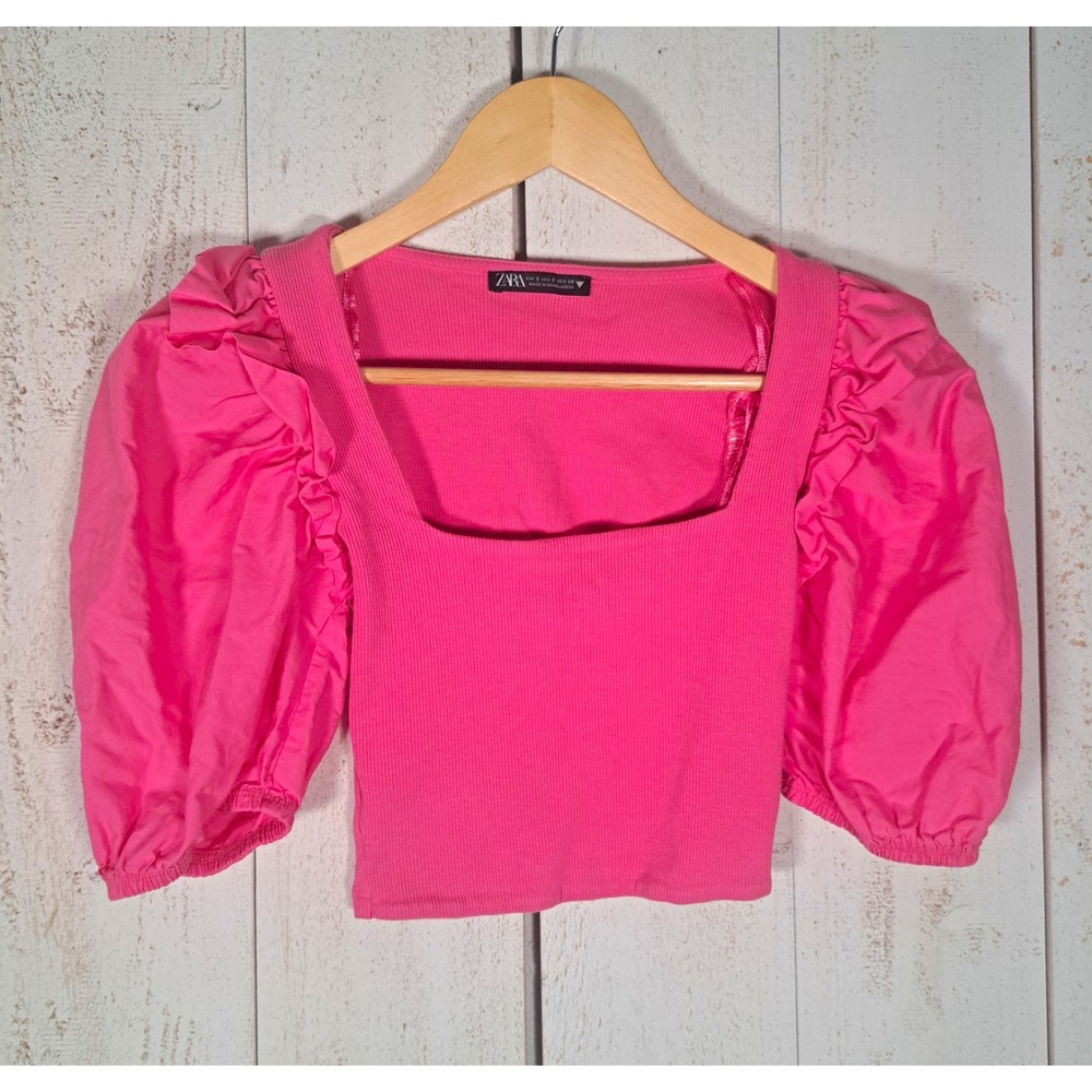Zara Barbiecore Coquette Pink Ribbed Knit Cropped Top Hot Pink Puff Sleeve S